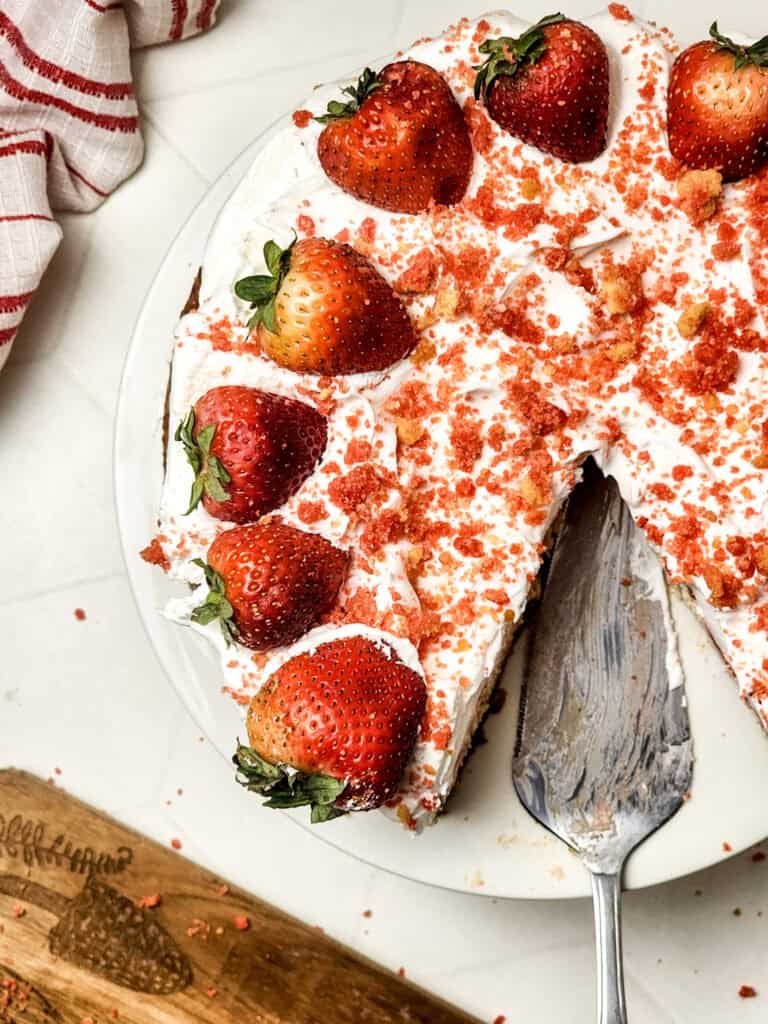 overhead view of strawberry crunch cheesecake