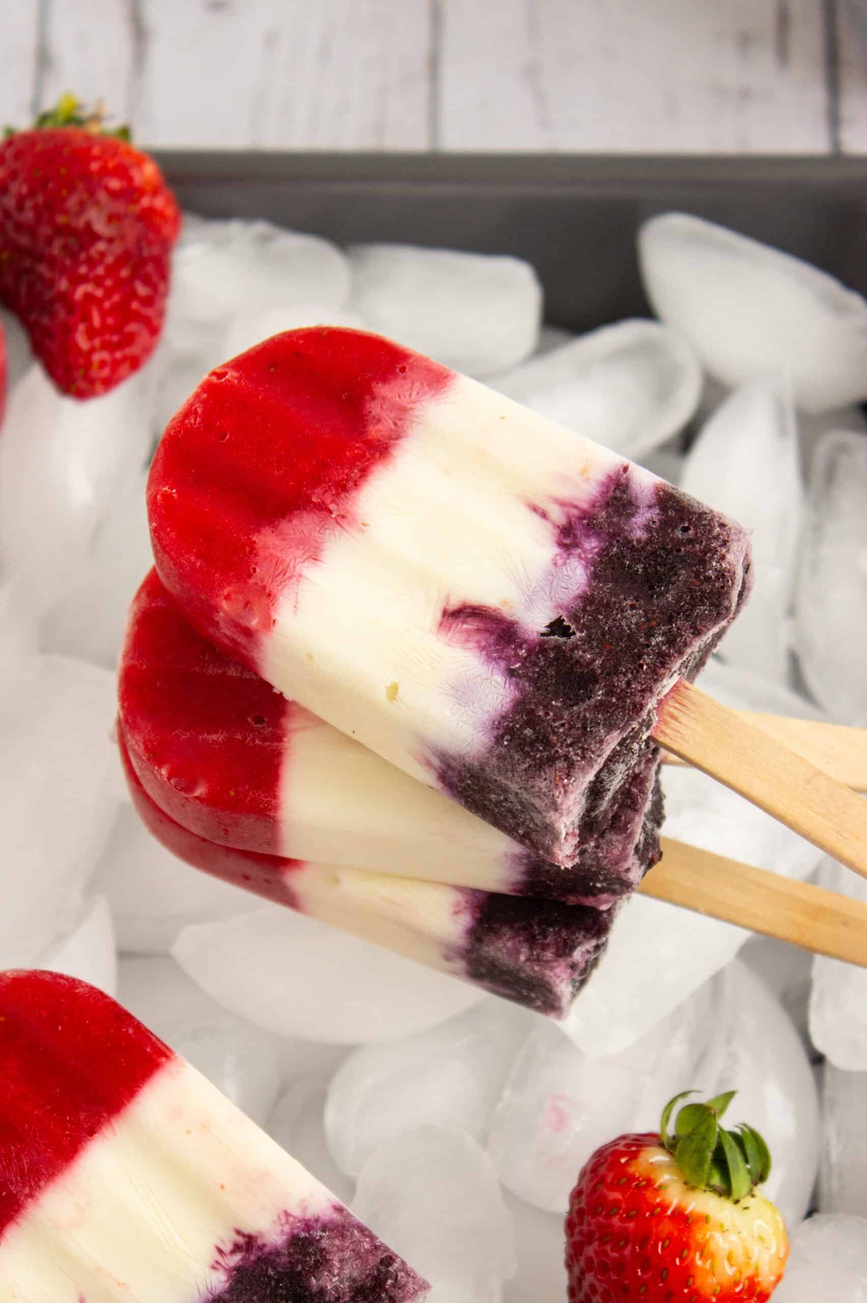 stacked 4th of july popsicles on ice cubes