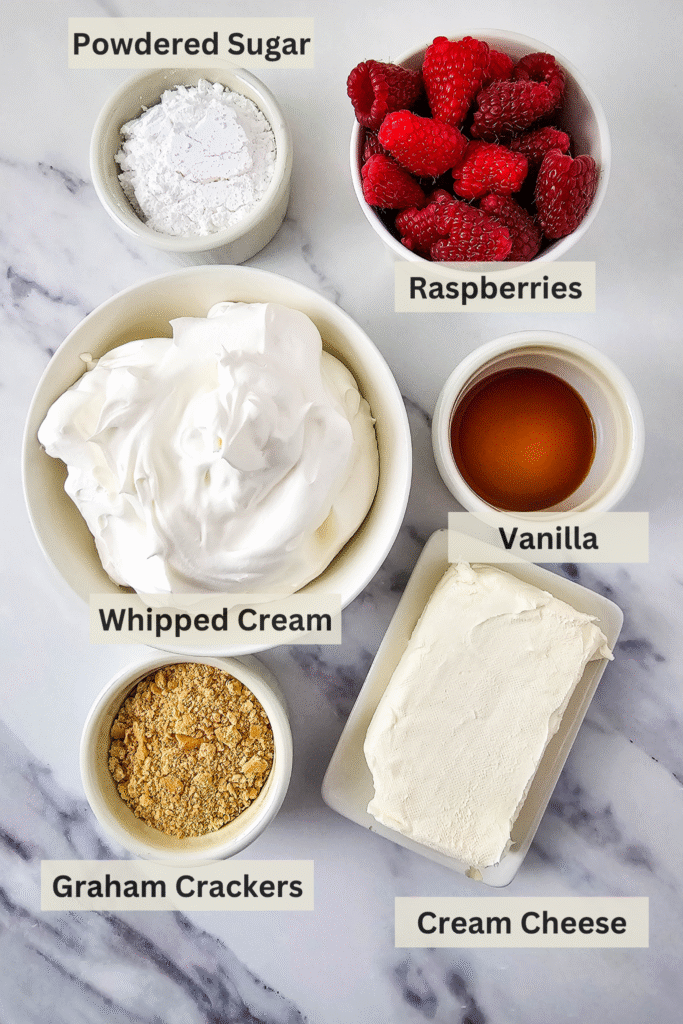 ingredients for no bake raspberry cheesecake parfaits